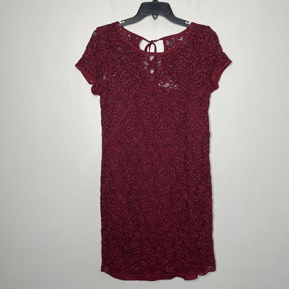 LOFT Dress Womens 6 Red Lace Short Sleeve Shift Lined